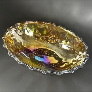 Carnival Glass, Amber Indiana Harvest Grape, 12.25" Oval Footed Bowl, Vintage
